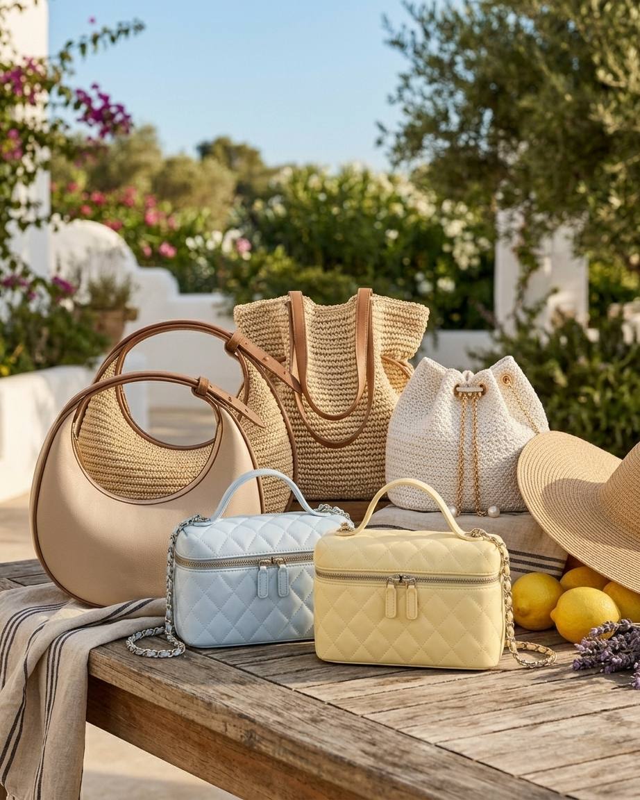 Performa Milano SS26 collection — raffia tote, crochet bucket, Mira hobo and butter-yellow Miss Vanity on a wooden bench with lemons and lavender